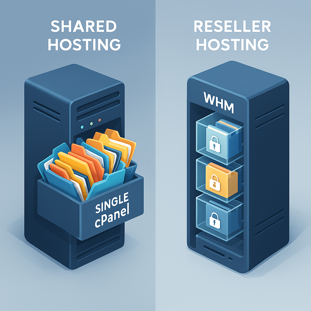 Shared vs Reseller Hosting: Best for Freelancers 1 Visualizing the difference between isolated accounts and a master reseller environment.